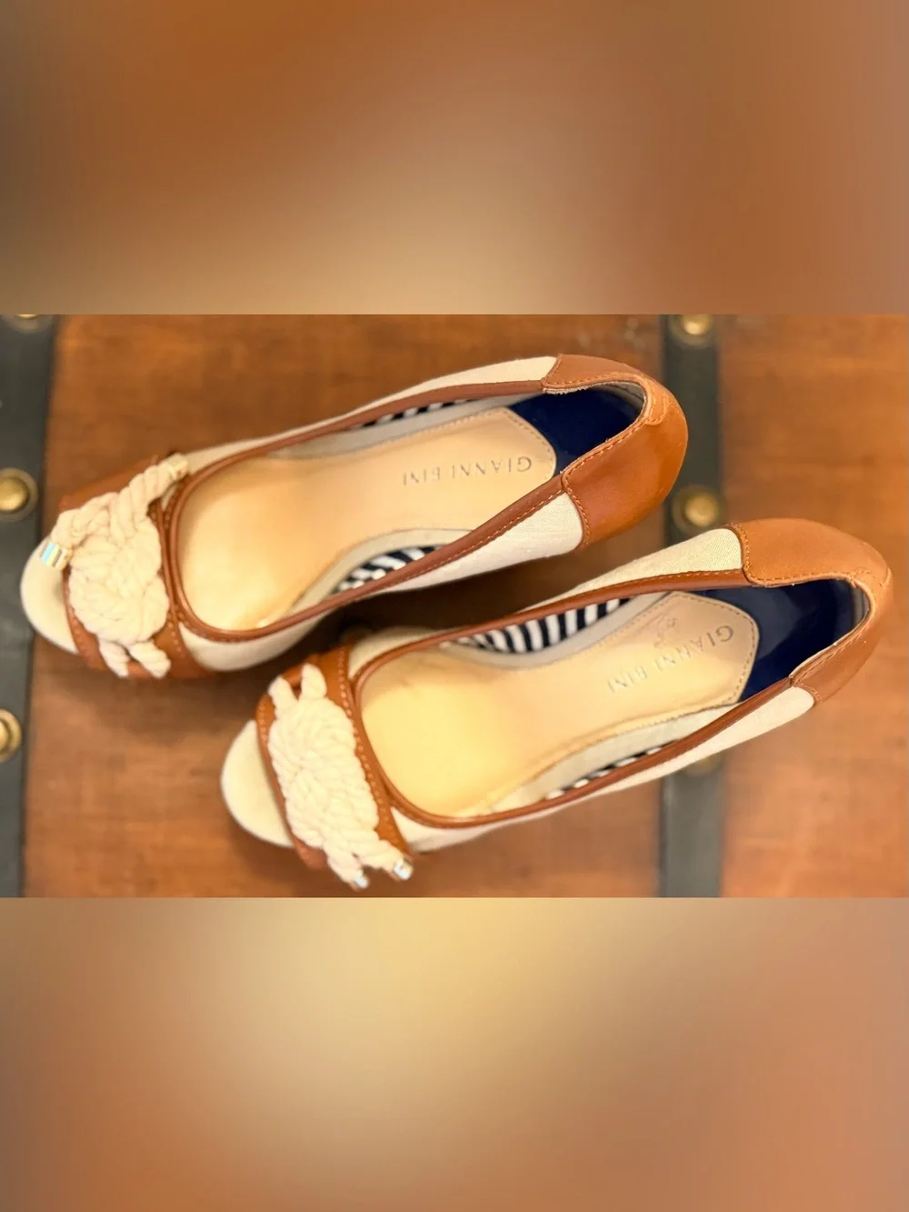 Gianni Bini Cream and Tan Peep-Toe Wedge Heels